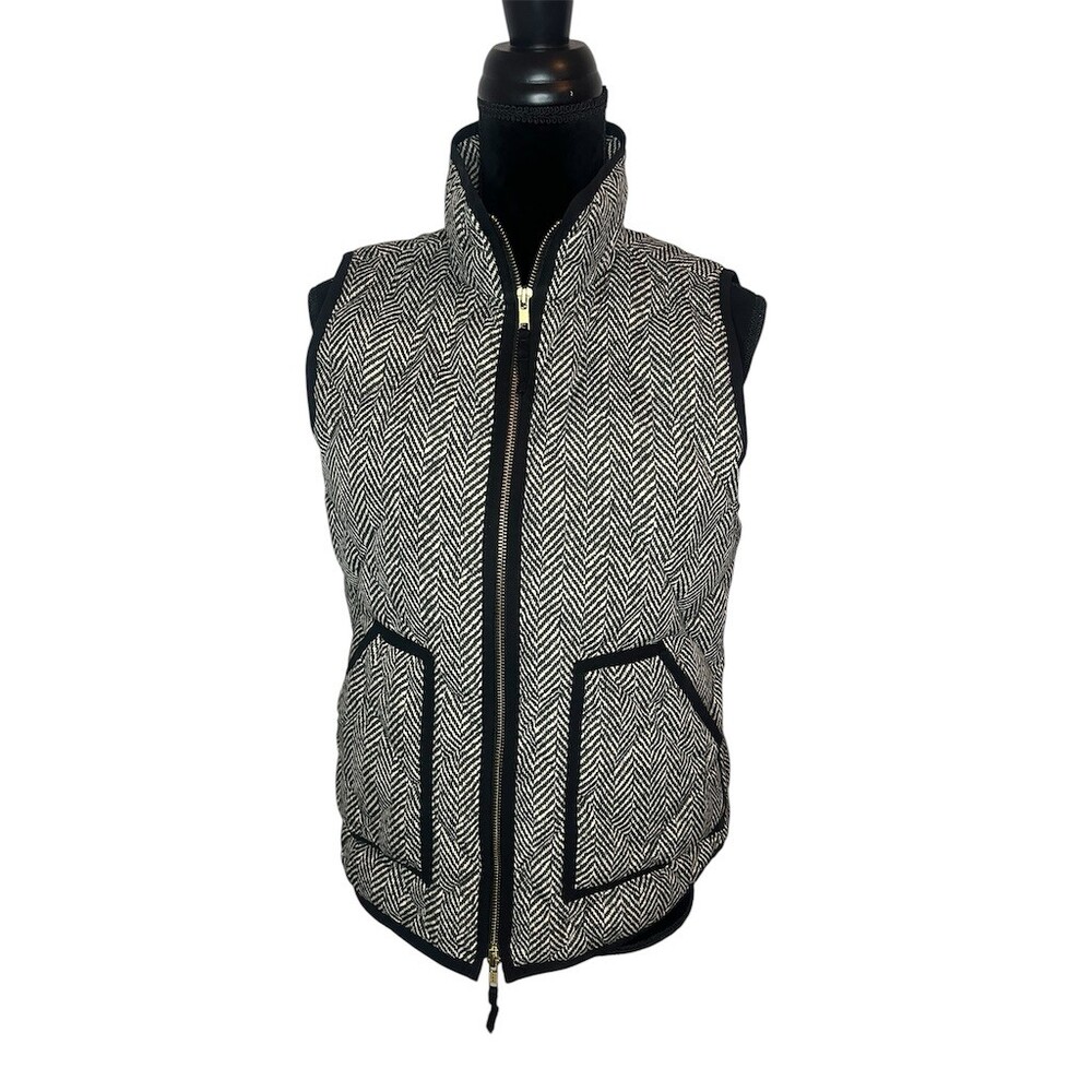 J.Crew Excursion Puffer Vest Womens‎ S Black White Herringbone Quilted